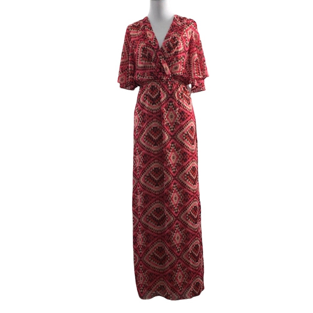 Kut From The Kloth Pink Red Argyle‎ Geo Print Maxi Dress Womens 4 Short Sleeve
